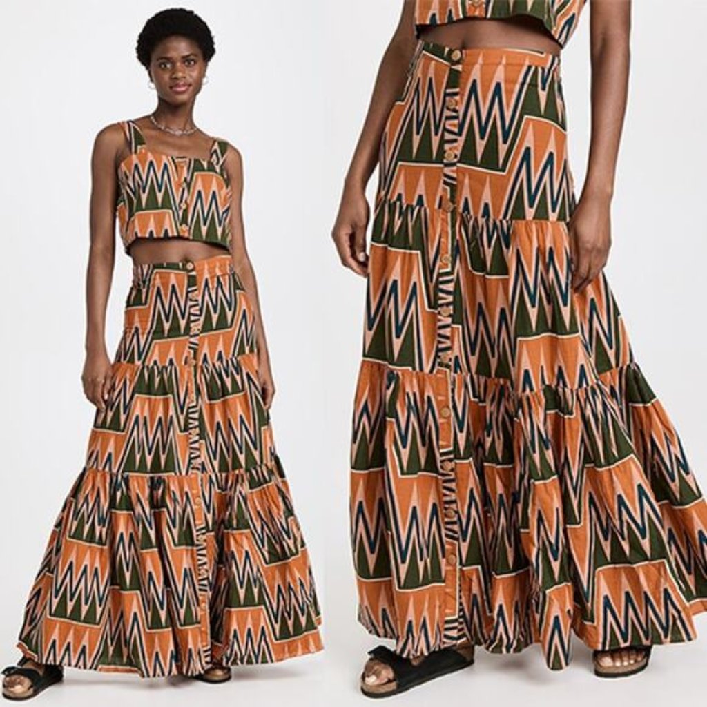 New Veronica Beard Geometric Linen Pleated Button Sundance Maxi Skirt Size: Xs